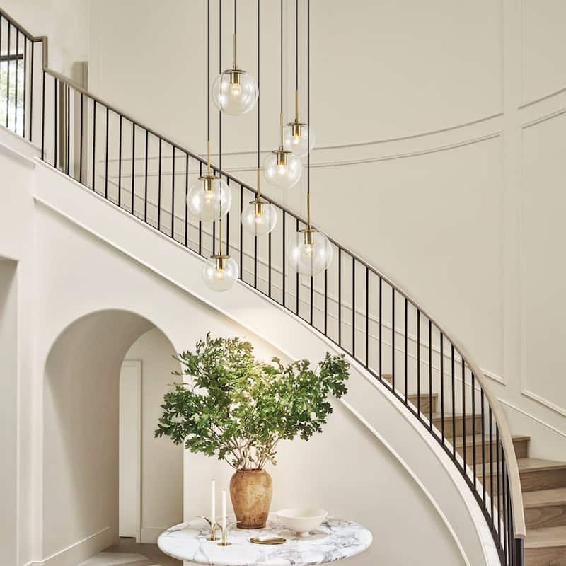 7-Light Modern Linear Cluster Gold Clear Glass Globe Bubble Chandelier Light for Stairways - 23.62 in. W x 47.24 in. H
