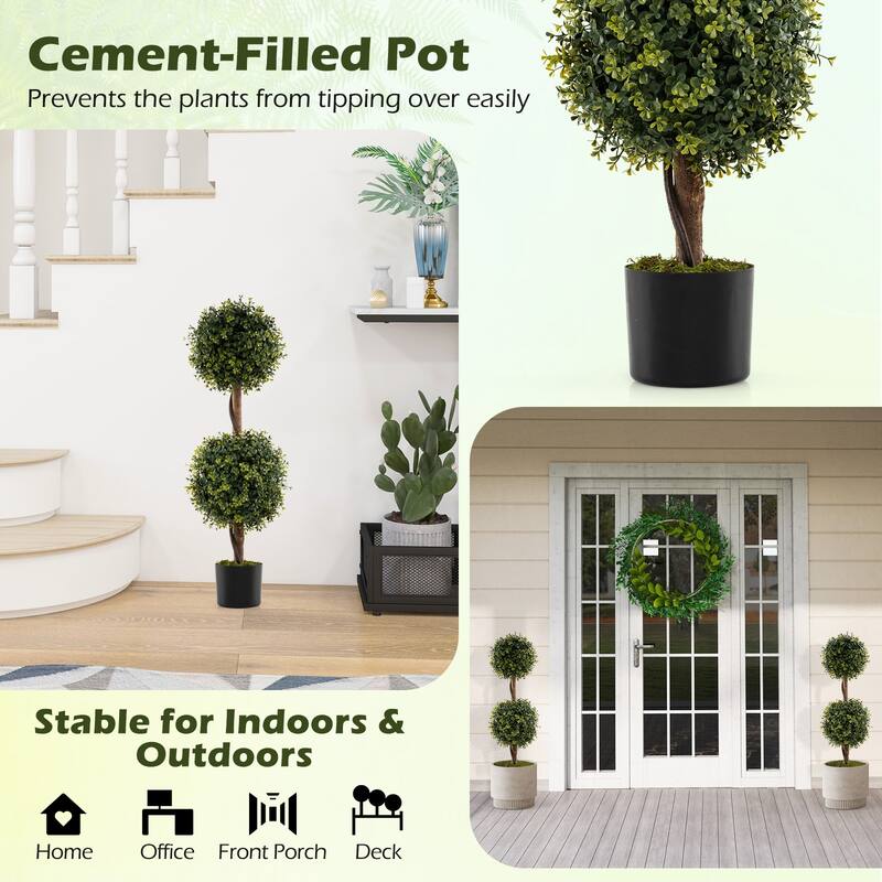 Gymax Set of 2 Artificial Double Topiary Ball Trees 3 FT Faux Boxwood