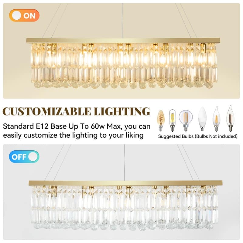6 lights Rectangle Crystal Chandeliers for Dining Room, 39" Large Linear Water Ripple Glass Island Light Fixture