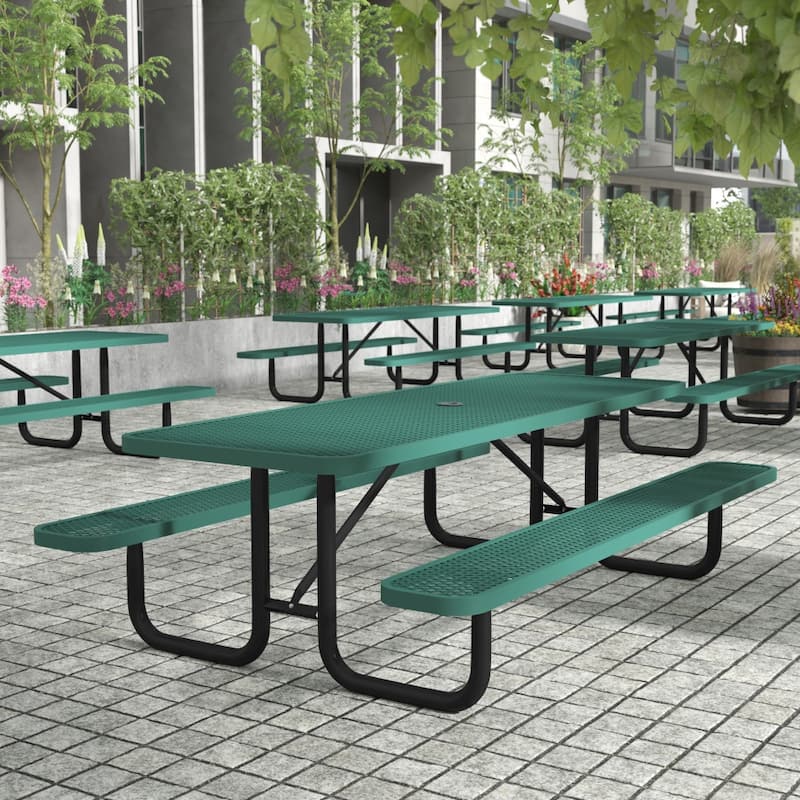 Commercial Grade Expanded Mesh Metal Outdoor Picnic Table - 95.75"D x 57.5"W x 30"H - Green