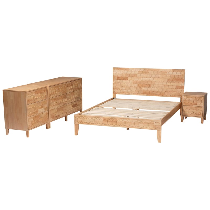 Hosea Japandi Carved Honeycomb Natural 4-Piece/5-Piece Bedroom Set (Multiple Bed Sizes)