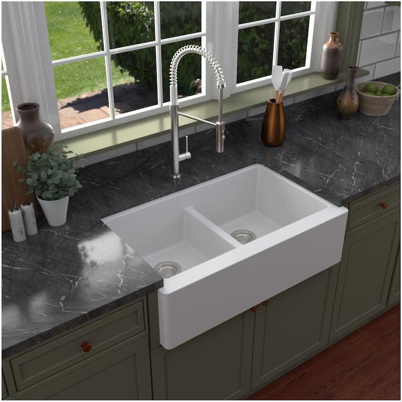 Karran USA QA-750-PK1 Quartz QA 34" Farmhouse Double Basin Quartz