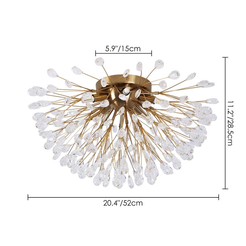 5-Light Modern Sputnik Starburst Crystal Semi-Flush Mount Light