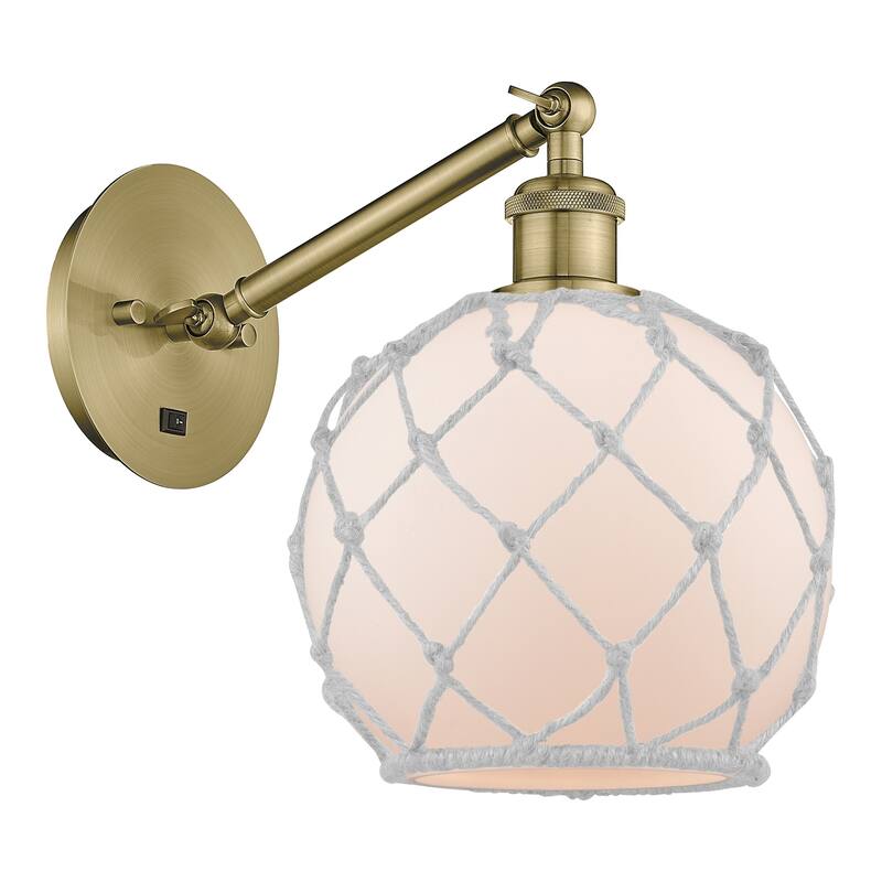 Innovations Lighting Endless Possibilities Ballston - Farmhouse Rope - 1 Light 8" Adjustable Sconce - Antique Brass/White Glass with White Rope