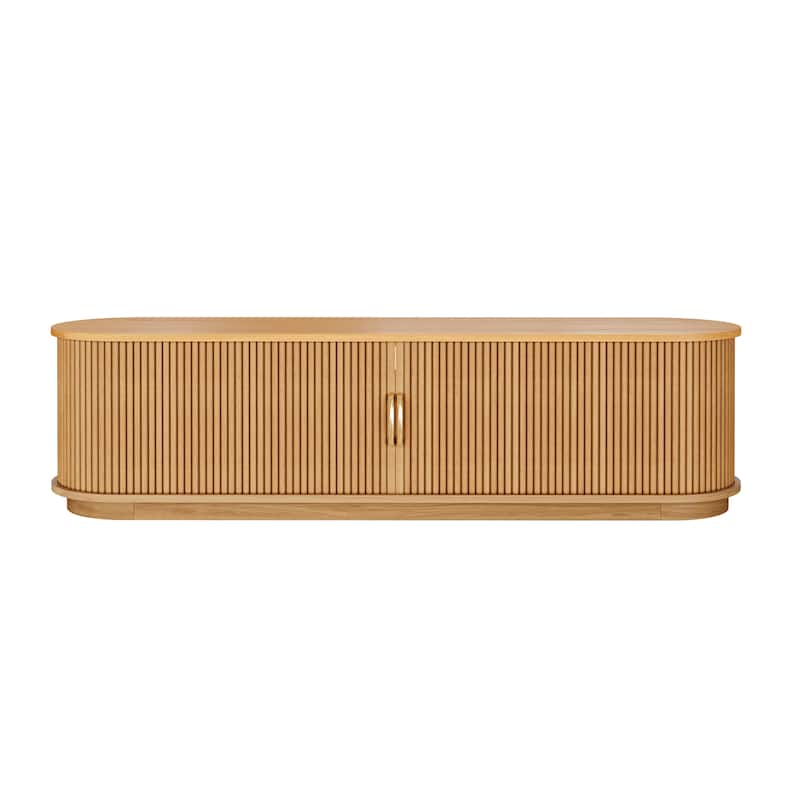 Vintage TV Stand with Sliding Wood Slatted Doors for TVs up to 75", with Drawer, Wood Grain Media Console with Cable Management