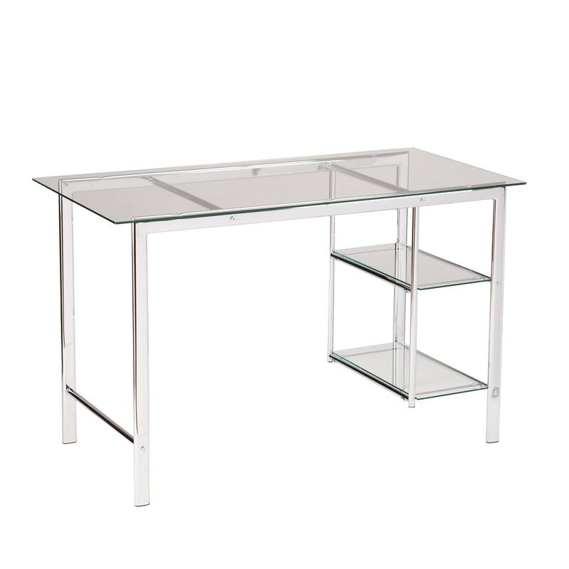 Clear Glass Silver Metal Writing Desk with Shelves and Rectangular 47 inches - Clear-Silver