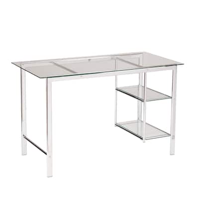Clear Glass Silver Metal Writing Desk with Shelves and Rectangular 47 inches