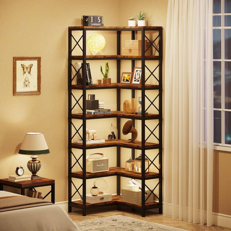 7-Shelf Corner Bookshelf Bookcase for Living Room Home Office