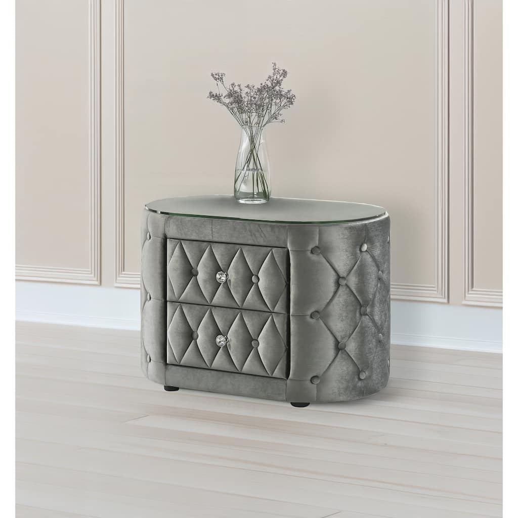 Luxurious Oval Nightstand with Plush Upholstery and Sparkling Knobs for Bedroom