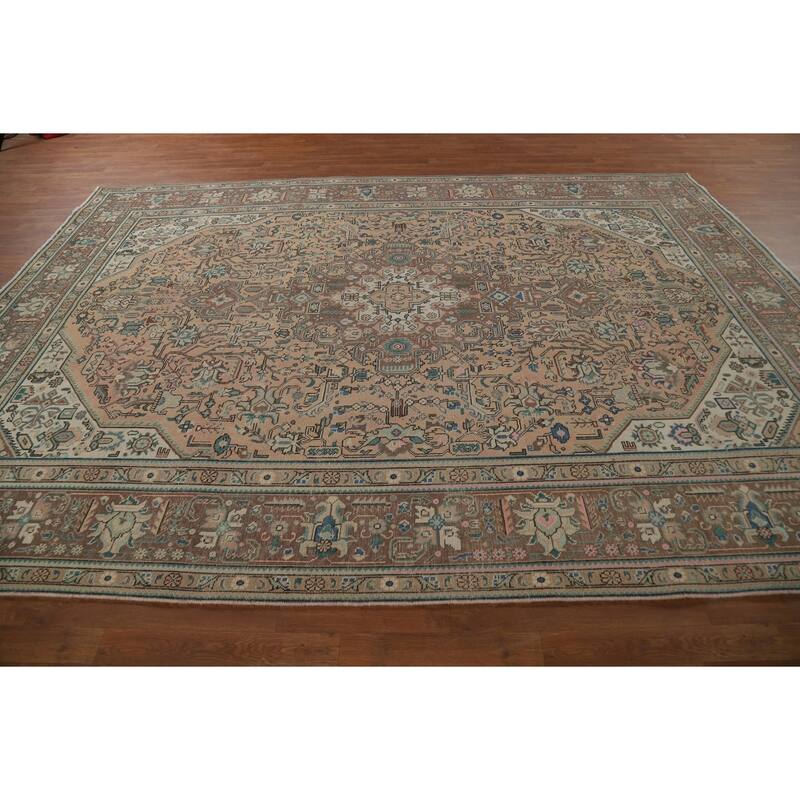 Geometric Peach Tabriz Persian Vintage Rug Hand-Knotted Wool Carpet - 8'1"x 11'3"