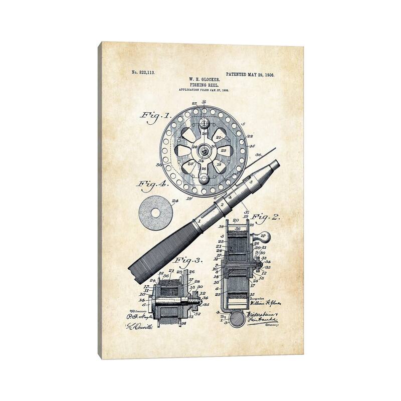iCanvas "Fly Fishing Reel (1906)" by Patent77 Canvas Print
