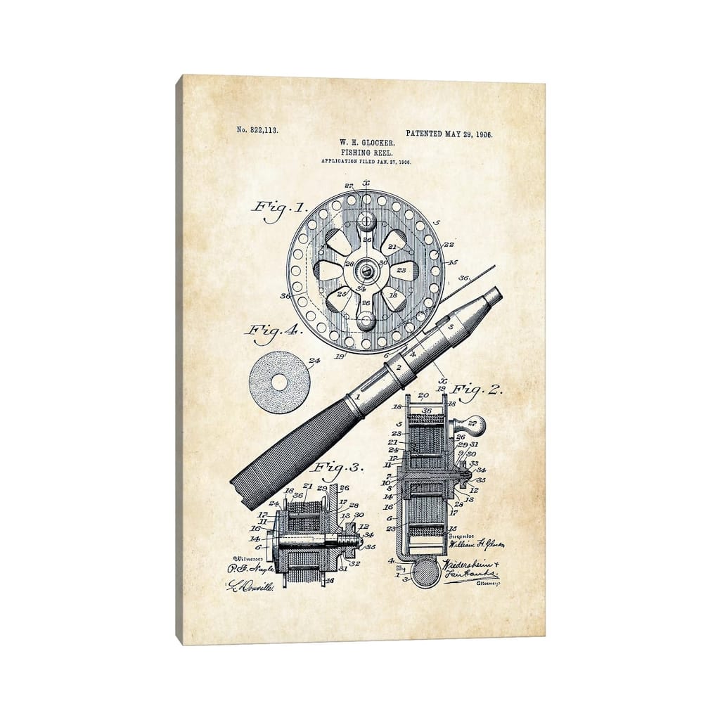 iCanvas "Fly Fishing Reel (1906)" by Patent77 Canvas Print