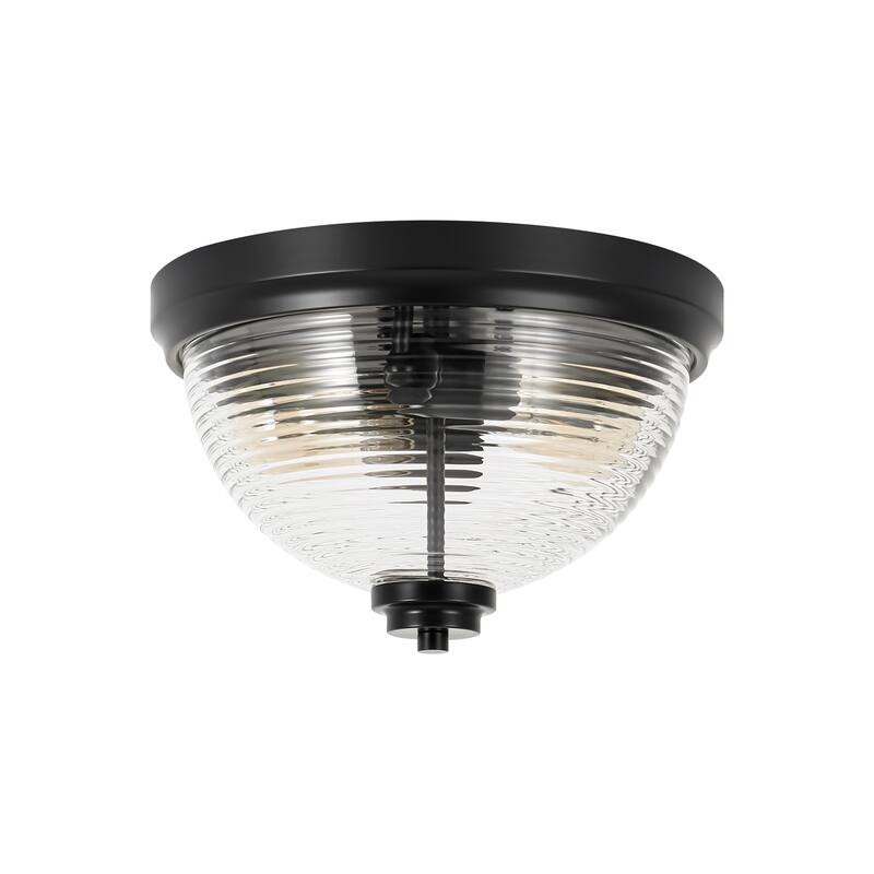 11.8 in. 2-Light Modern Matte Black Dome Flush Mount Ceiling Light with Clear Ribbed Glass Shade for Bedroom
