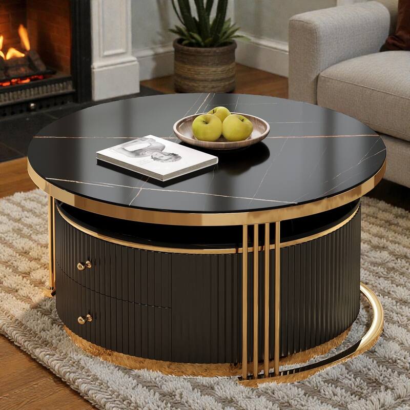 Modern Round Nesting Coffee Table Set of 2 with Drawers. MDF Top and Gold Metal Legs. Space Saving Accent Tables