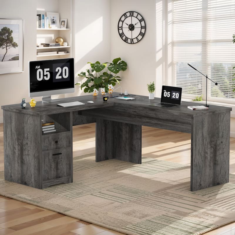 Modern Farmhouse Lift Top L-Shaped Desk with Charge Station, Corner Desk with File Drawers for Home Office - Grey Oak