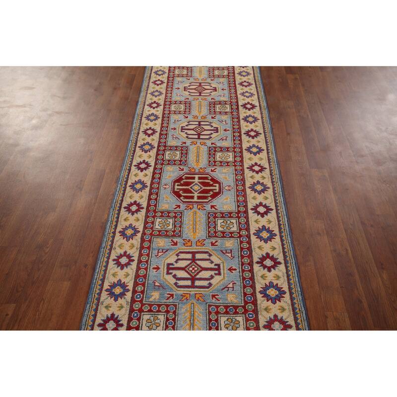 Blue Kazak Oriental Runner Rug Hand-Knotted Wool Carpet - 2'7" x 20'7"