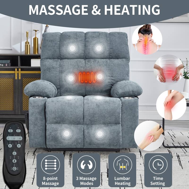 Power Lift Recliner Chair with Massage & Heat – 350 lbs Capacity, Dual Motor, 8-Point Vibration, Lumbar Heating, Cup Holders