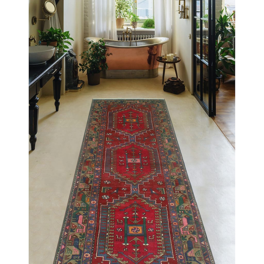 Fine Vintage Distressed Alden Red/Navy Runner - 3'7" x 10'4"