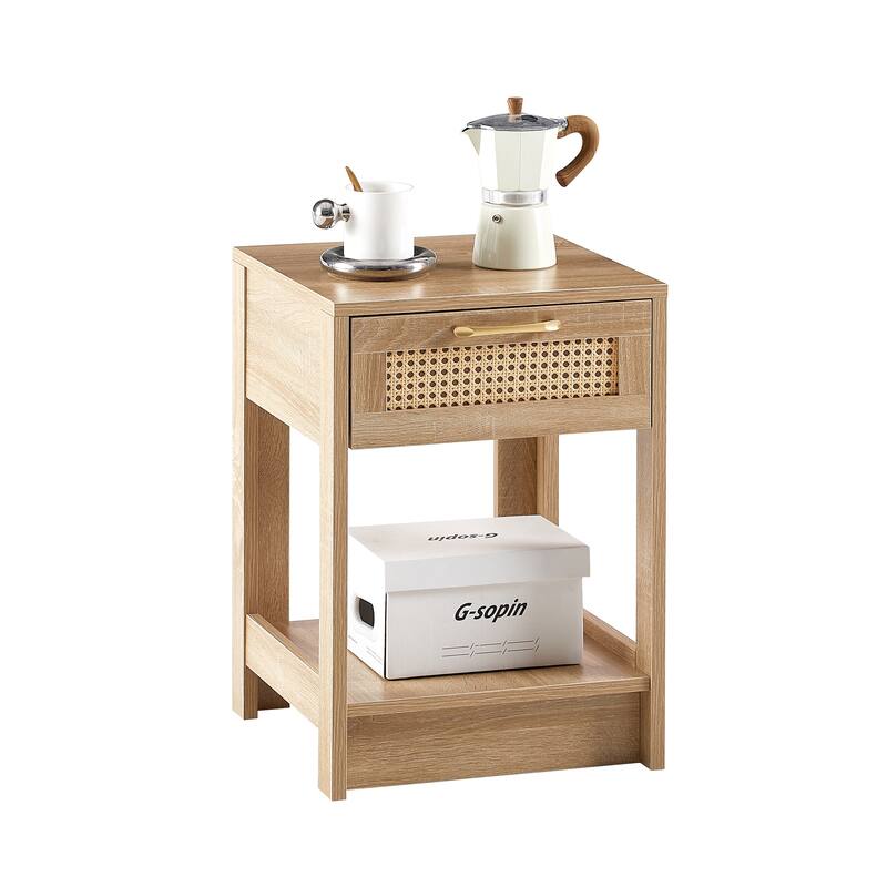 Modern Rattan Nightstand Small Side Table with Drawer for Bedroom or Living Room