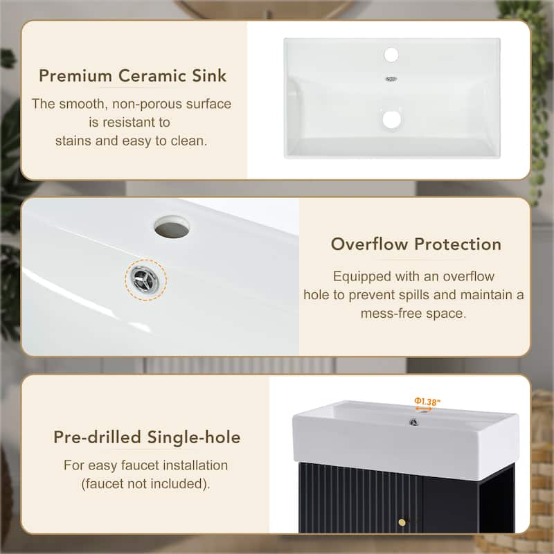 Floating Bathroom Vanity with Ceramic Sink, Wall Mounted Bathroom Vanity, Bathroom Cabinet with Door & Right Side Shelf