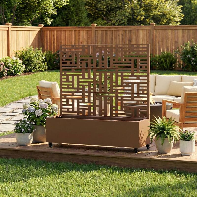 Metal Movable Planter Box with Trellis Privacy Screen Lockable Wheels