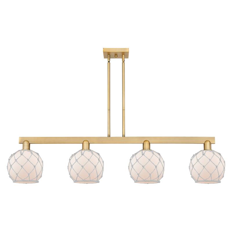 Innovations Lighting Endless Possibilities Arcadia - Farmhouse Rope - 4 Light 51" Stem Hung Island Light - Brushed Brass/White Glass with White Rope
