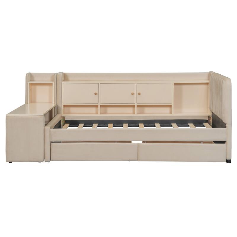 Twin Size Upholstered Daybed with Drawers, Shelves, Flip Cabinets & Side Table, Beige