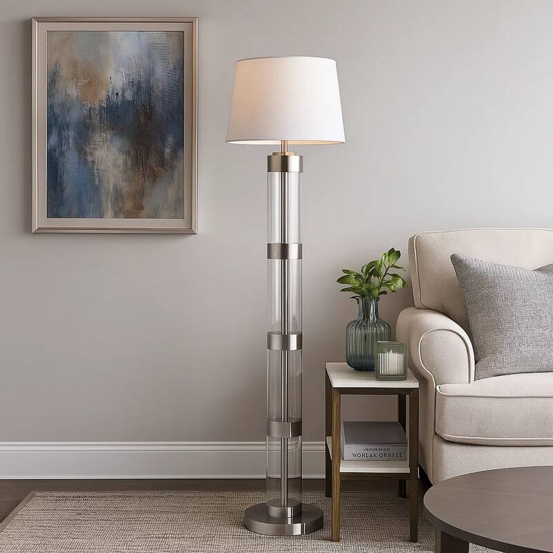 Kria 60 Inch Floor Lamp, Clear Glass Stand, Metal Bands, Satin Nickel