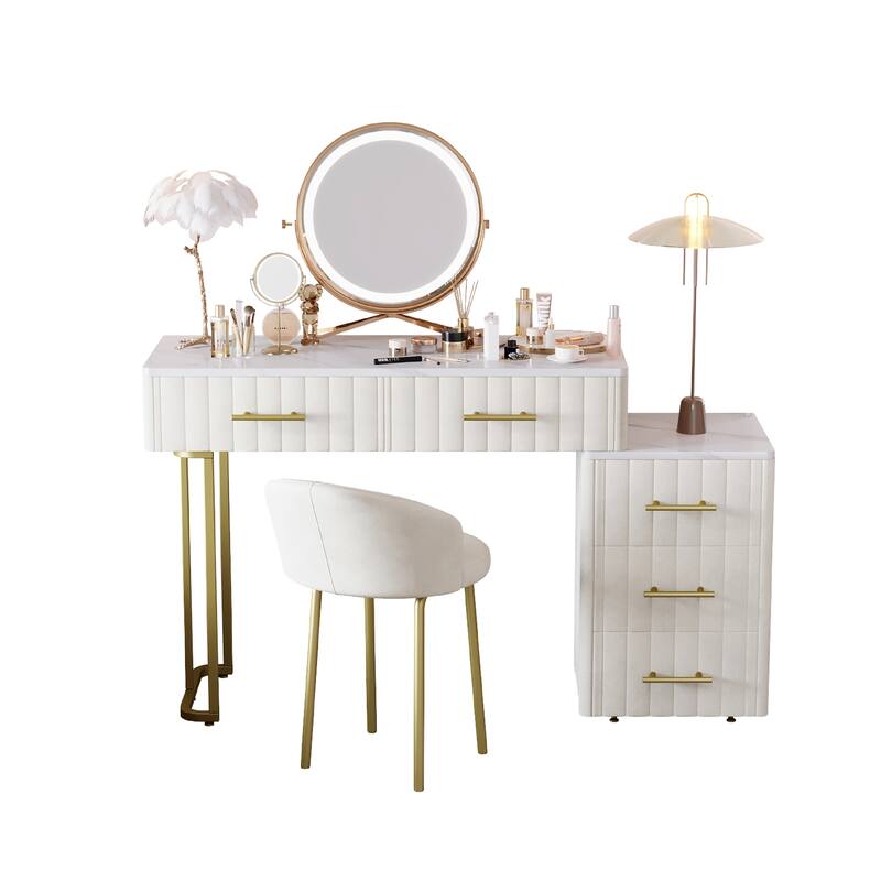 Velvet Upholstered Makeup Vanity Desk with 5 Storage Drawers, Marble-Look Sticker Top Dressing Table and Padded Makeup Chair Set