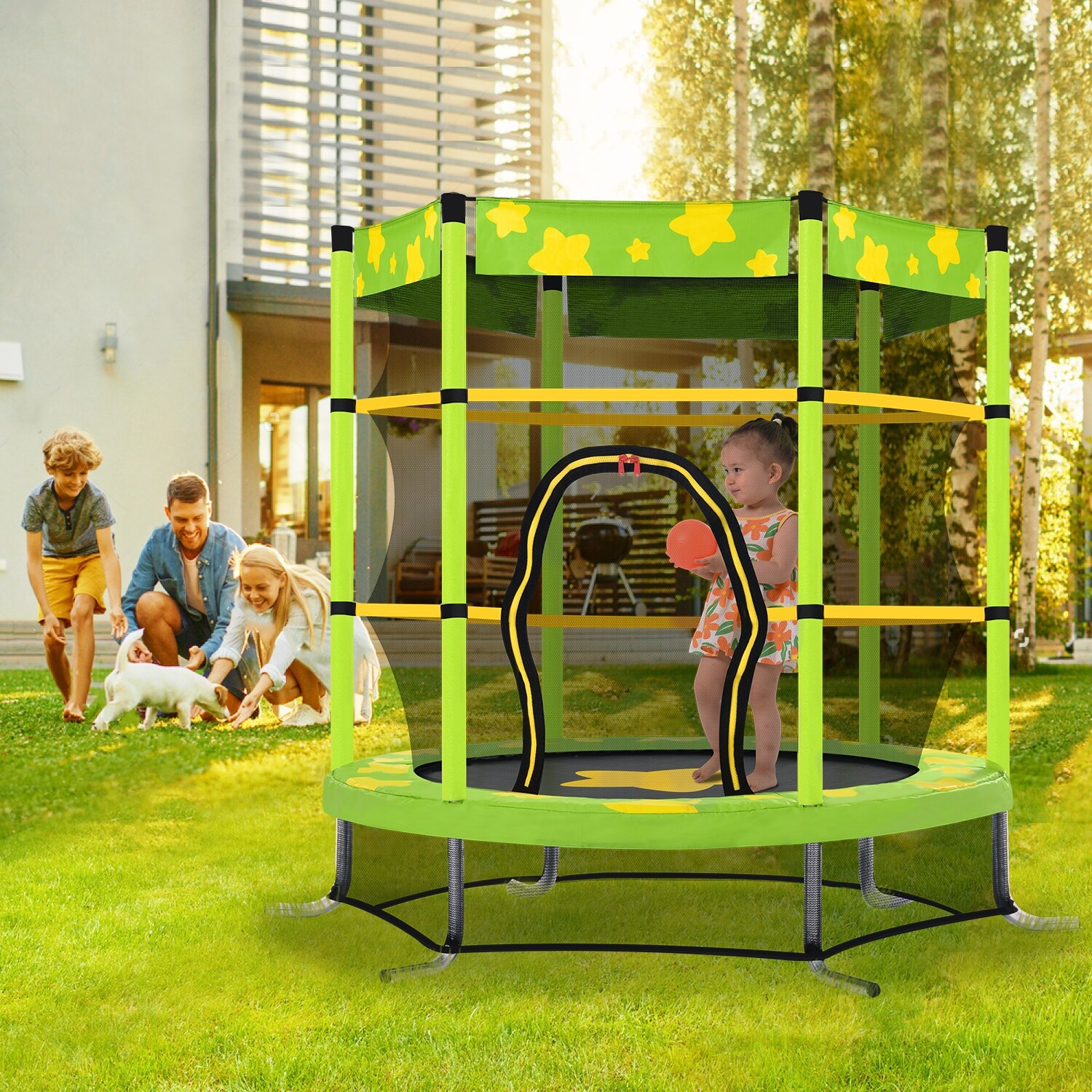 hellig Amfibiekøretøjer øjeblikkelig 55 Inch Kids Trampoline with Safety Enclosure Net,Outdoor Indoor Trampoline  - - 37193040
