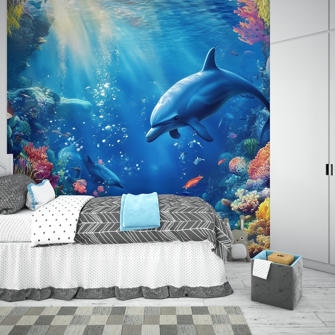 Underwater Dolphin Wall Mural 3D Ocean Coral Reef Wallpaper - Bed Bath \u0026  Beyond - 42954914, image size:1140x1140
