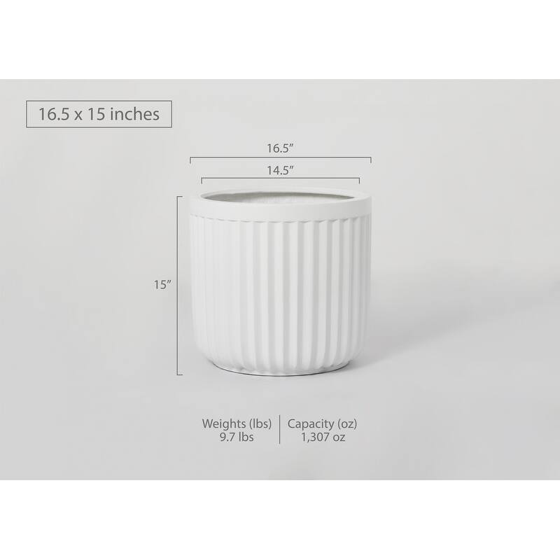 Indoor/Outdoor Large 1-Piece Minimalist Fiberstone Lightweight Short Round Planter Pot With Grooves - 16, 13, 11 in Matte Finish - 15 In. H x 16.5 In. W x 16.5 In. L - White