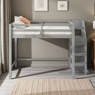Full Size Loft Bed with Built-in Wardrobe Closet, Storage Staircase, Solid Pine Frame, Space-Saving Design