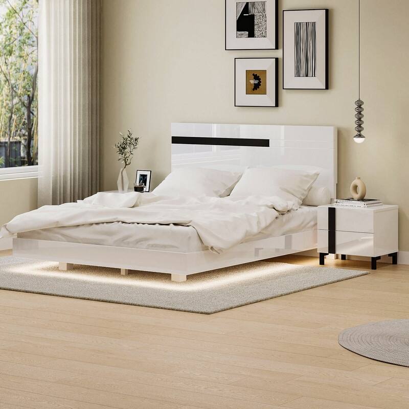 2/3/4-Pc Bedroom Sets Twin/Queen White Platform Bed w/LED/Nightstands/Ottoman/Headboard - Sherpa/High Gloss/Retro/Wood/Acrylic