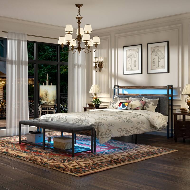 Javlergo Bed Frame with Bench, Bedframes with Charging Staions, Headboard and Storage Bench, LED Lights and Storage Shelves