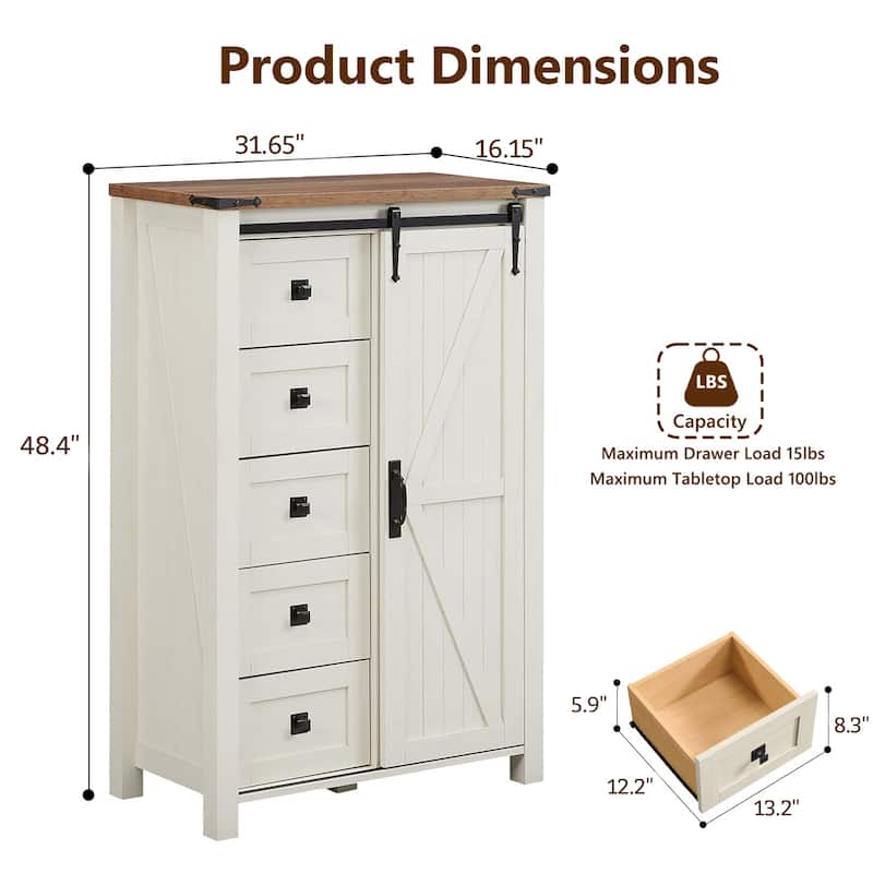 Farmhouse 5 Drawers Dresser, Vintage Chest of Drawers with Barn Door