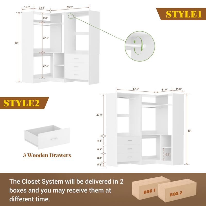 Set of 2 Freestanding Corner Closet Organizer with Drawers, Walk-in Closet System with Hanging Rods