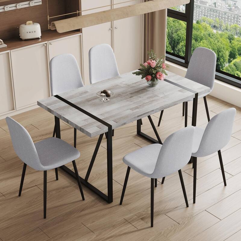 Roomfitters 5/7pcs Retro Dining Table Set with Textured Top and Linen Fabric Chairs, Black Metal Legs, Light Gray