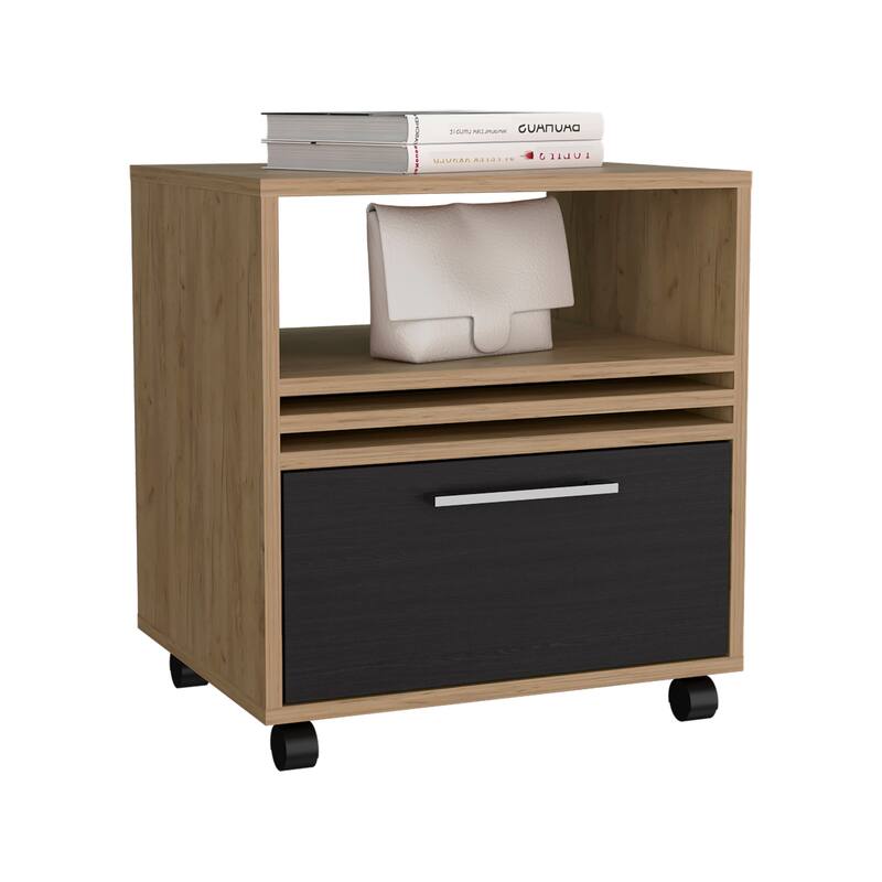 Natural Oak Nightstand with Drawer, Wheels, and Shelf for Modern Bedrooms