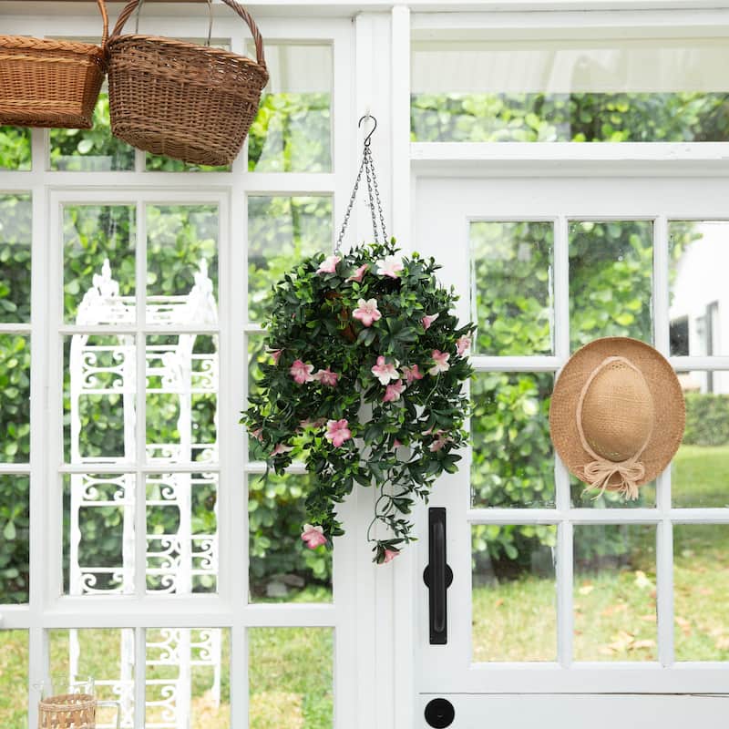 34-in UV Resistant Artificial Azalea Hanging Basket (Indoor/Outdoor) - Green