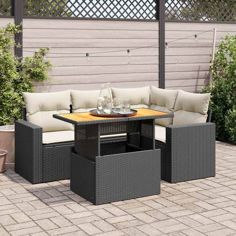 vidaXL Patio Sofa Set with Cushions Table and Lounge Seats 5 Piece Poly Rattan - 21.7 x 39.4 x 28.7 - Black and cream with storage