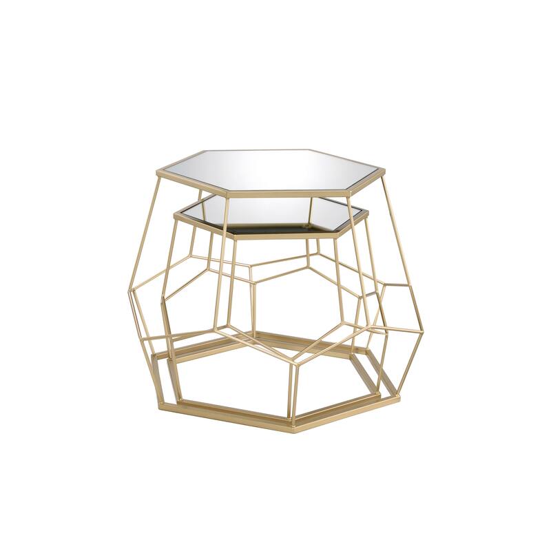 Alba Modern 32-inch Steel Mirrored Geometric 2-Piece Nesting Tables Set by Furniture of America - Gold