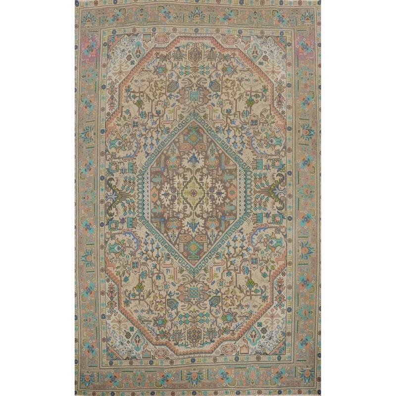 Hand Knotted Oriental 100% Wool Carpet Traditional Floral Beige & Ivories Tabriz Area Rug - 11' 5'' X 8' 2''