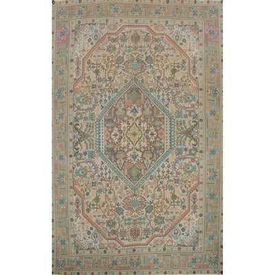 Hand Knotted Oriental 100% Wool Carpet Traditional Floral Beige & Ivories Tabriz Area Rug - 11' 5'' X 8' 2''