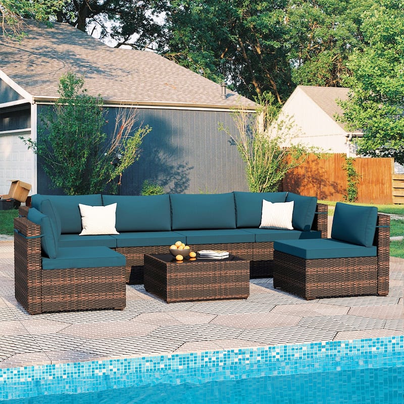 Patio Watcher Morden Outdoor 7-Piece Rattan Wicker Sectional Set Suit for Backyard - Deep Lake Blue