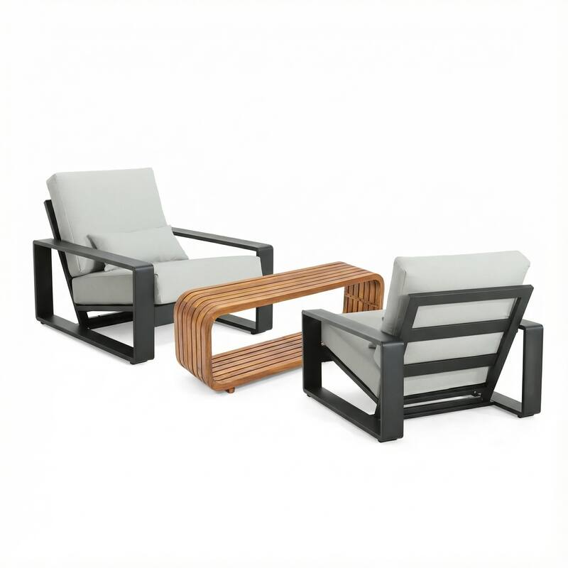 Christopher Knight Home - Outdoor Aluminum Conversation Set with Cushioned Chairs and Acacia Wood Coffee Table (3-Piece Set)