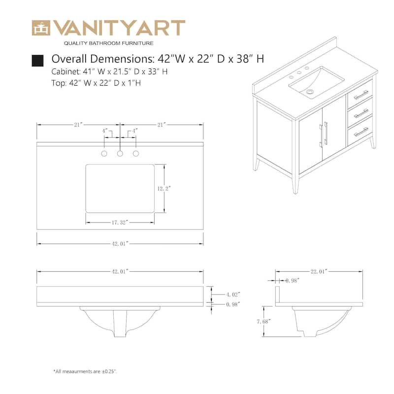 Vanity Art 42" Single Sink Bathroom Vanity Cabinet with Engineered Marble Countertop