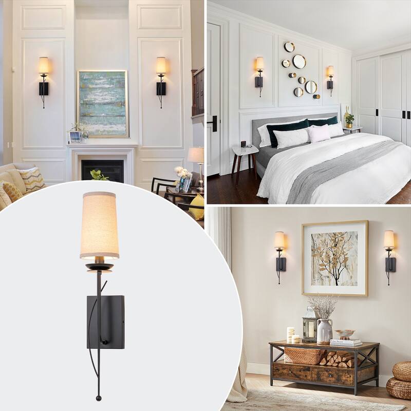 1-Light Matte Black Metal Wall Sconce Cone-Shaped Beige Linen Shade