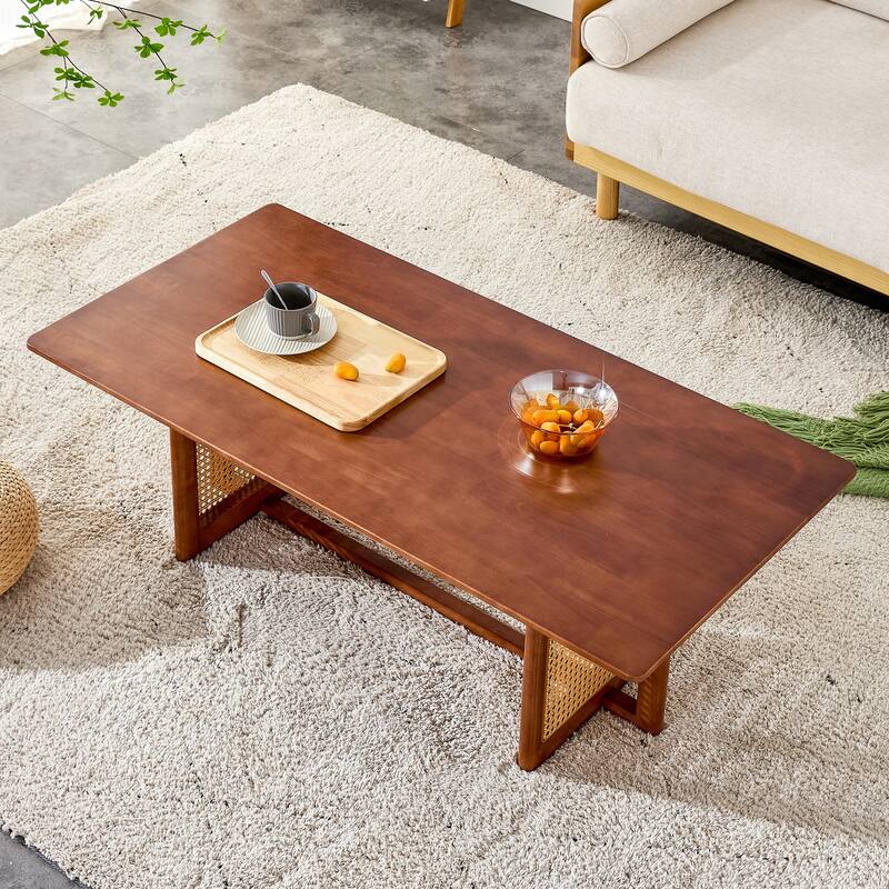 Chinese Log Style Imitation Rattan Walnut Color Coffee Table Rectangular Solid Wood Coffee Low Table, for Living Room Office