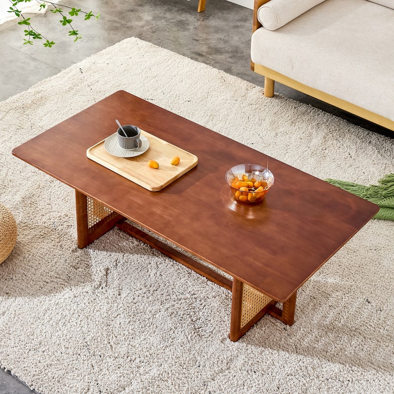 Chinese-Style Log Wind Rectangular Tea Table – Solid Wood Coffee Table with Woven Rattan Design for Compact Living Rooms